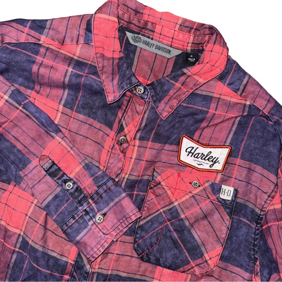 Harley-Davidson Tops - Harley‎ Davidson Plaid Long Sleeve Logo Patch Shirt Biker Grunge Indie Sleaze